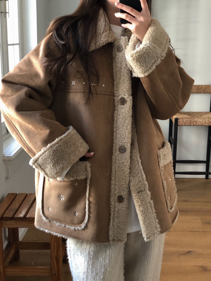 ONDO-P韓國直郵㊣女裝新款人氣熱賣推薦休閑25秋冬短款大衣刺繡ONDO-P短款大衣