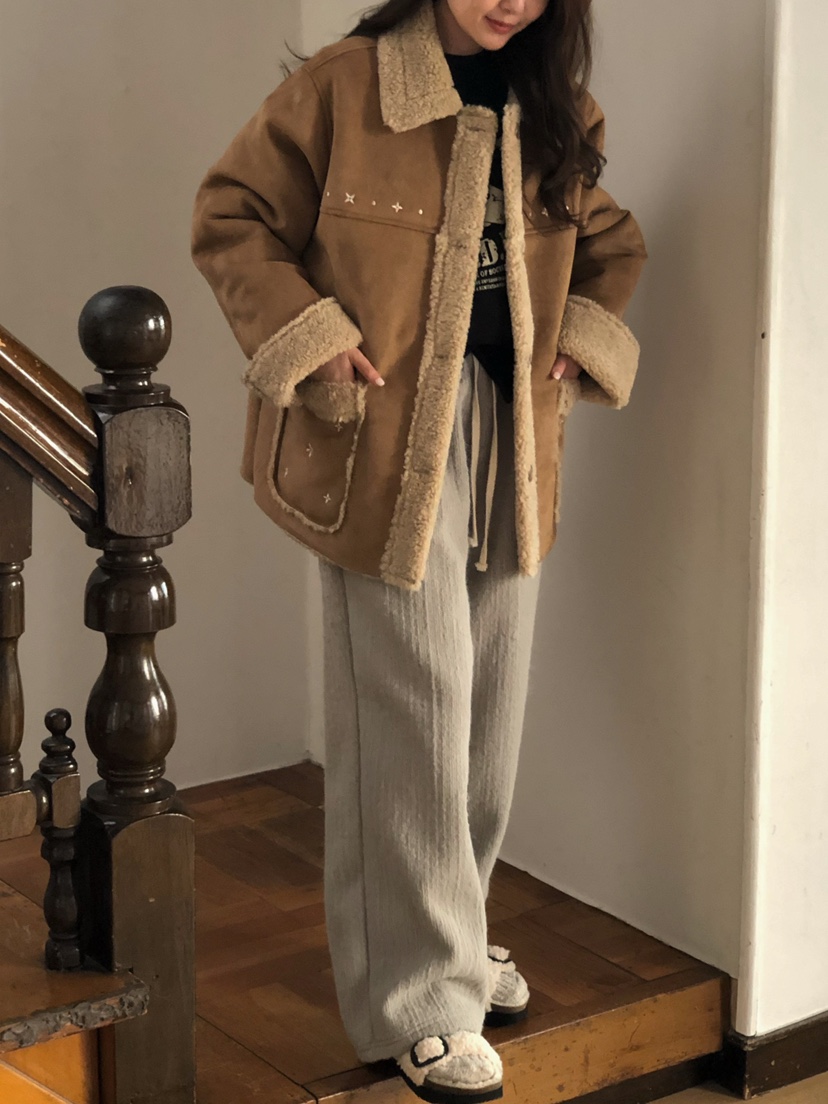 ONDO-P韓國直郵㊣女裝新款人氣熱賣推薦休閑25秋冬短款大衣刺繡ONDO-P短款大衣