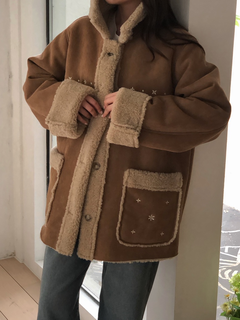 ONDO-P韓國直郵㊣女裝新款人氣熱賣推薦休閑25秋冬短款大衣刺繡ONDO-P短款大衣