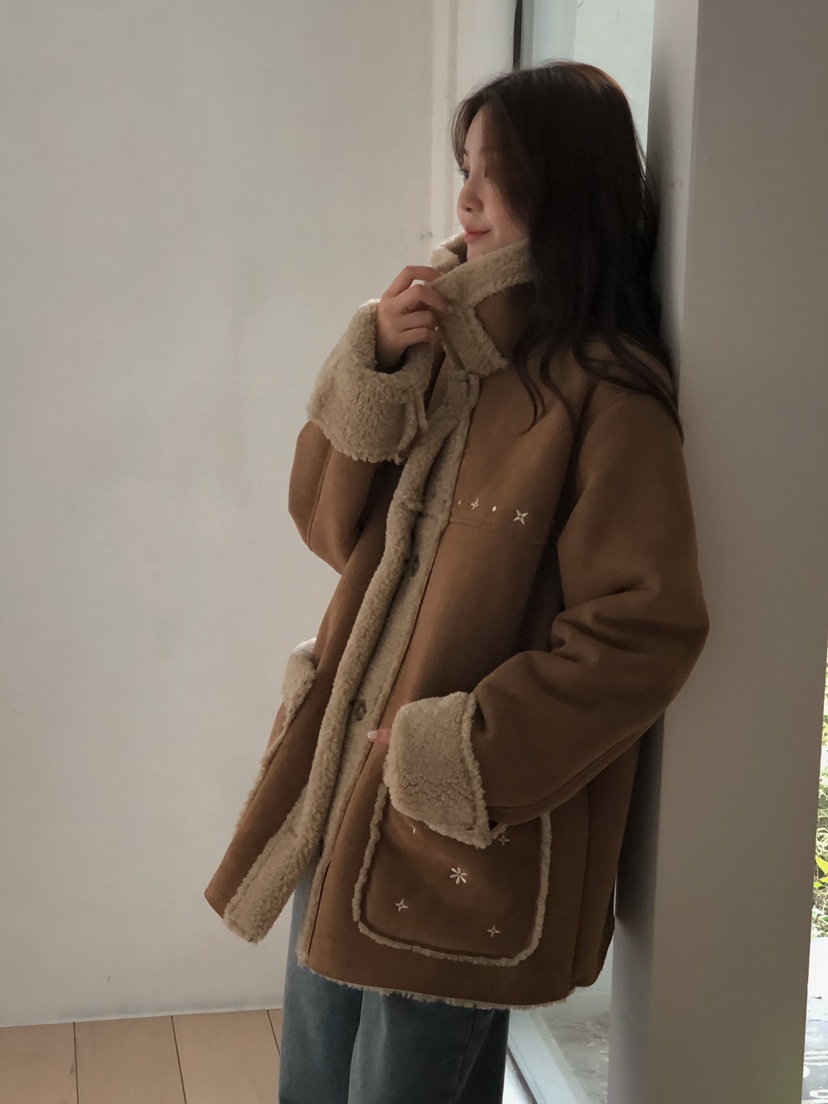 ONDO-P韓國直郵㊣女裝新款人氣熱賣推薦休閑25秋冬短款大衣刺繡ONDO-P短款大衣