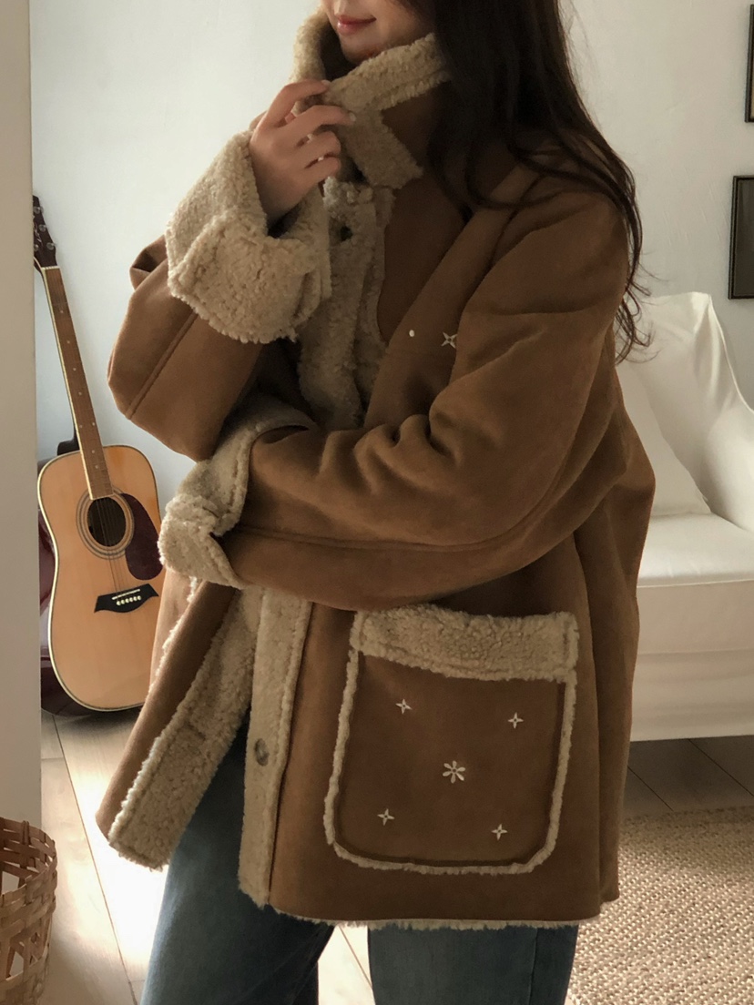 ONDO-P韓國直郵㊣女裝新款人氣熱賣推薦休閑25秋冬短款大衣刺繡ONDO-P短款大衣