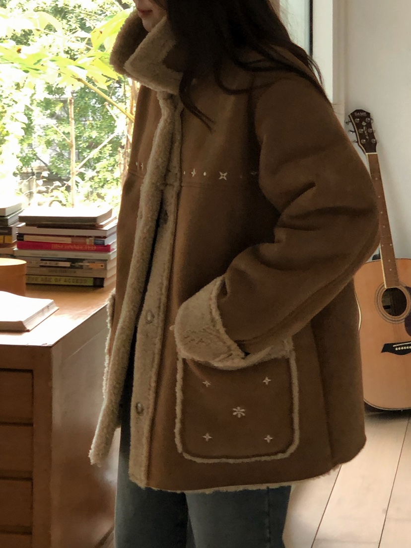 ONDO-P韓國直郵㊣女裝新款人氣熱賣推薦休閑25秋冬短款大衣刺繡ONDO-P短款大衣