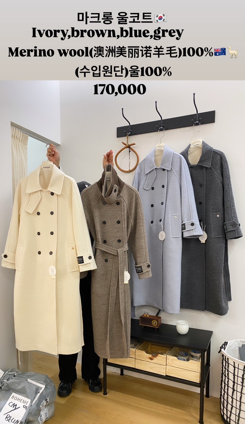 BOHEME東大門㊣代購女裝新款時尚熱賣真品人氣中長款大衣羊毛BOHEME中長款大衣
