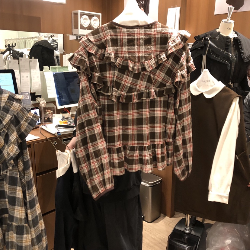 OGI東大門㊣直郵女裝新品休閑職業時尚襯衫蕾絲衫荷葉邊格子FLat OGI襯衫/蕾絲衫