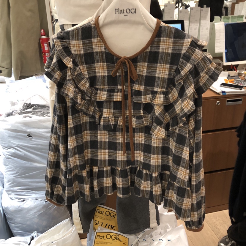 OGI東大門㊣直郵女裝新品休閑職業時尚襯衫蕾絲衫荷葉邊格子FLat OGI襯衫/蕾絲衫圖色1