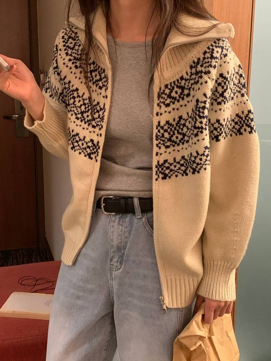 TDOUBLEJ韓國直郵㊣女裝新款時尚25秋冬熱賣人氣針織衫拉鏈TDOUBLEJ針織衫圖色1