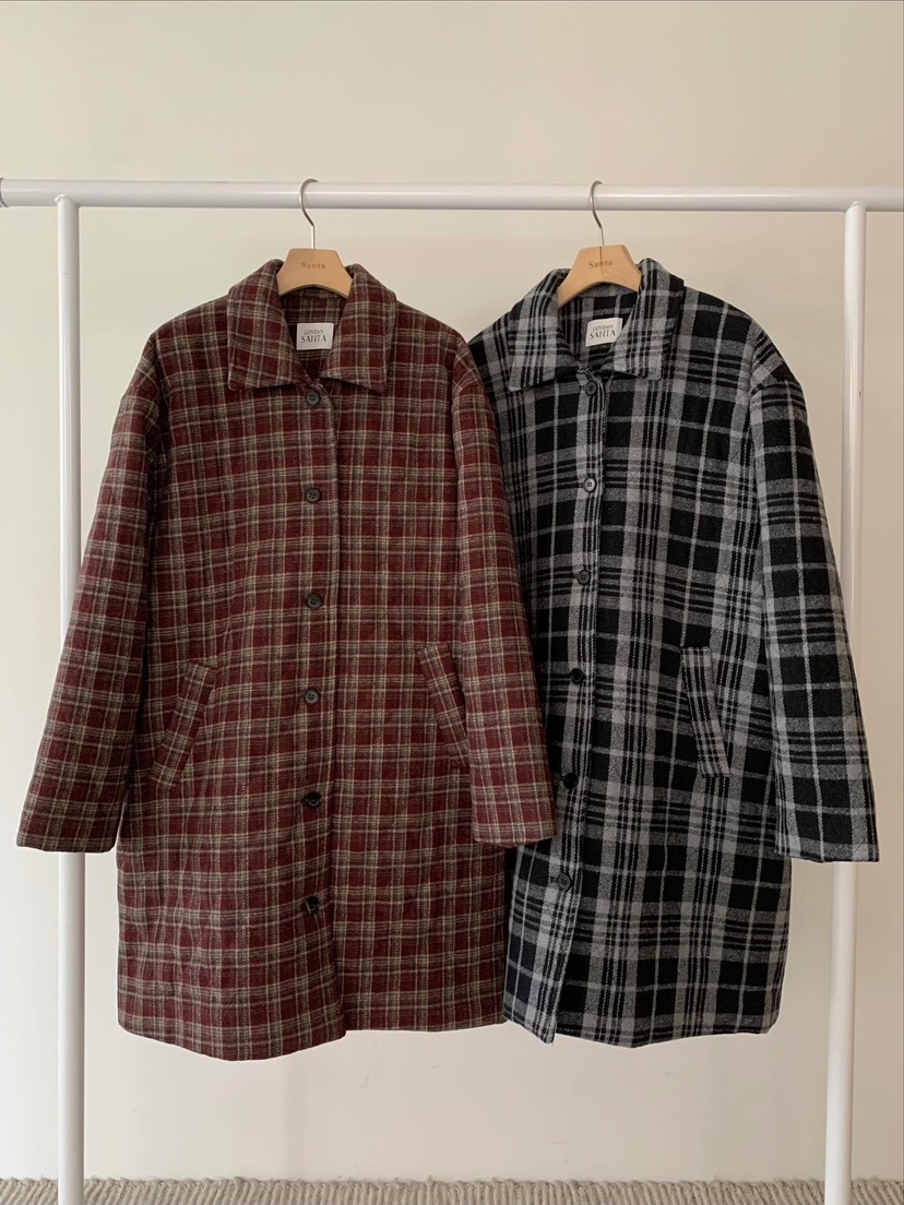LOVE MY SANTA東大門㊣實拍女士新品人氣25秋冬中長款大衣格紋Santa/LOVE MY SANTA中長款大衣