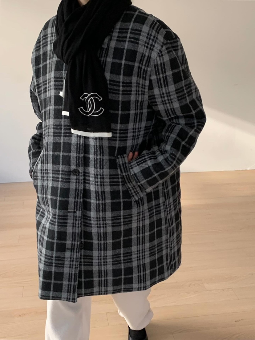 LOVE MY SANTA東大門㊣實拍女士新品人氣25秋冬中長款大衣格紋Santa/LOVE MY SANTA中長款大衣