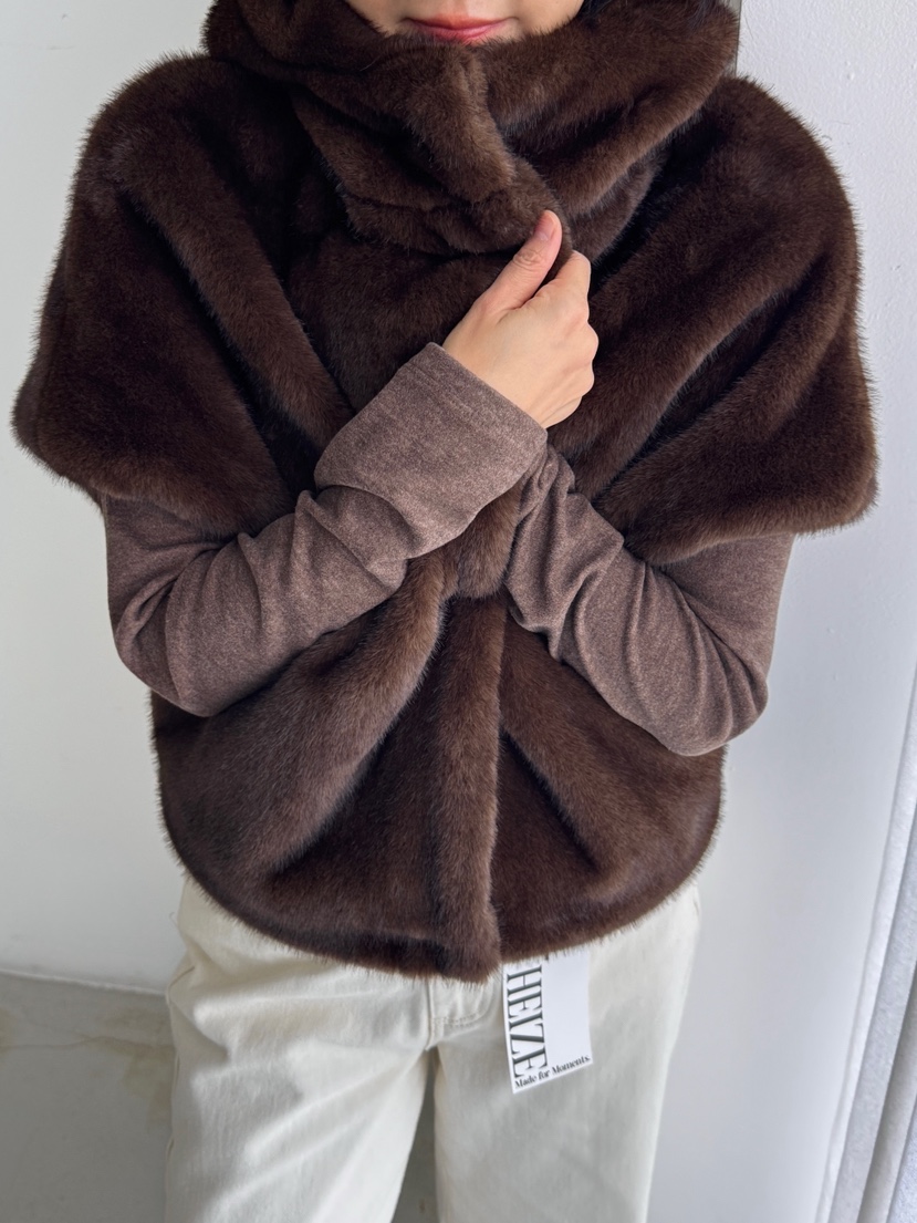 HEIZE東大門㊣代購女裝新品時尚25秋冬休閑短款大衣貂皮連帽HEIZE短款大衣