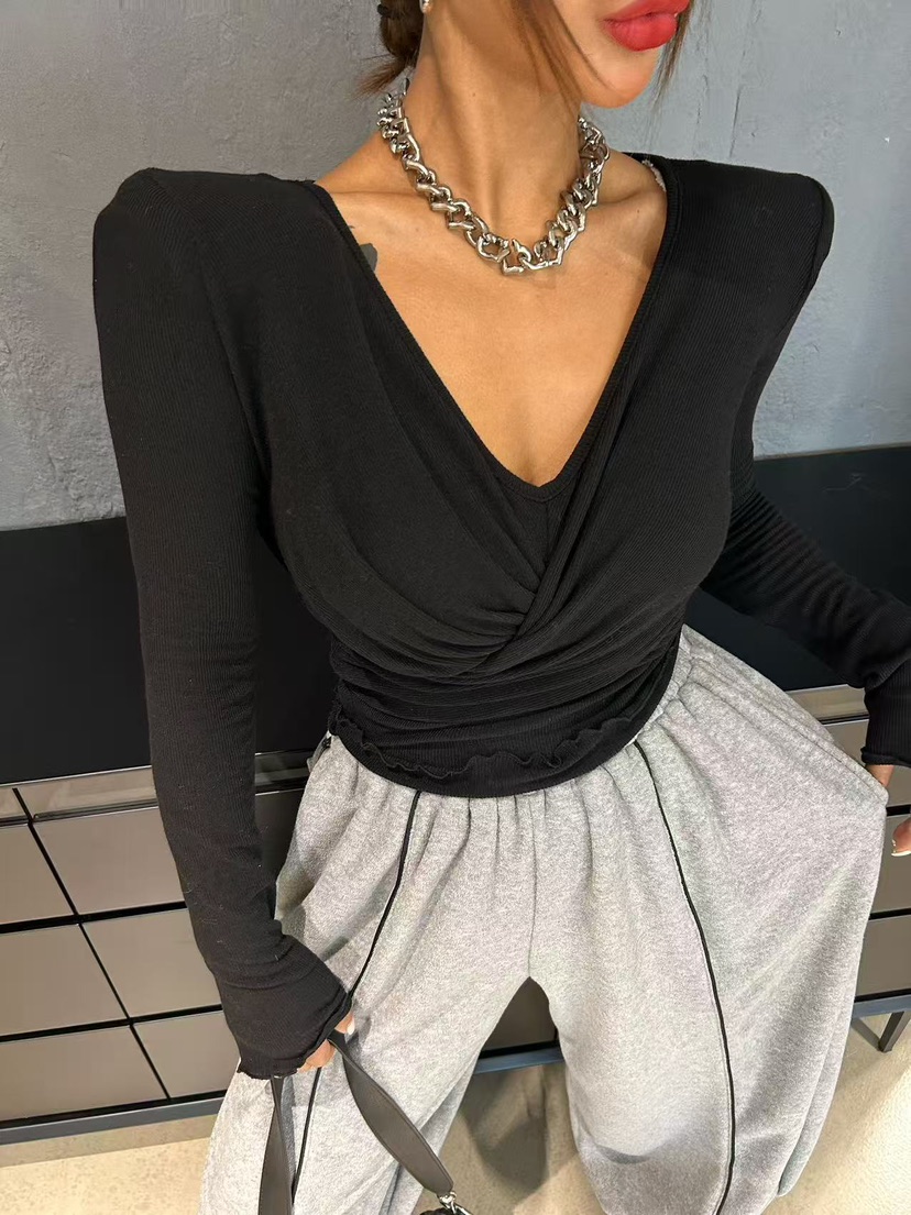 BLACK BABI東大門㊣直郵女士新款休閑時尚長袖T恤修身褶皺BLACK BABI長袖T恤圖色4