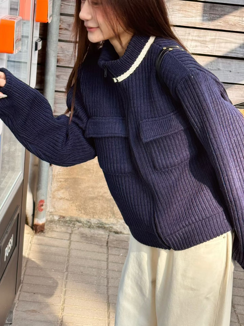 BUTTER-P東大門㊣代購女裝新品時尚25秋冬夾克羊毛針織拉鏈口袋BUTTER-P夾克