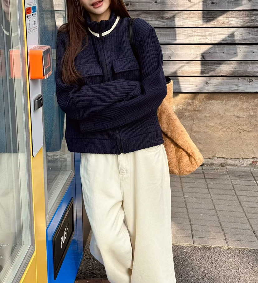 BUTTER-P東大門㊣代購女裝新品時尚25秋冬夾克羊毛針織拉鏈口袋BUTTER-P夾克