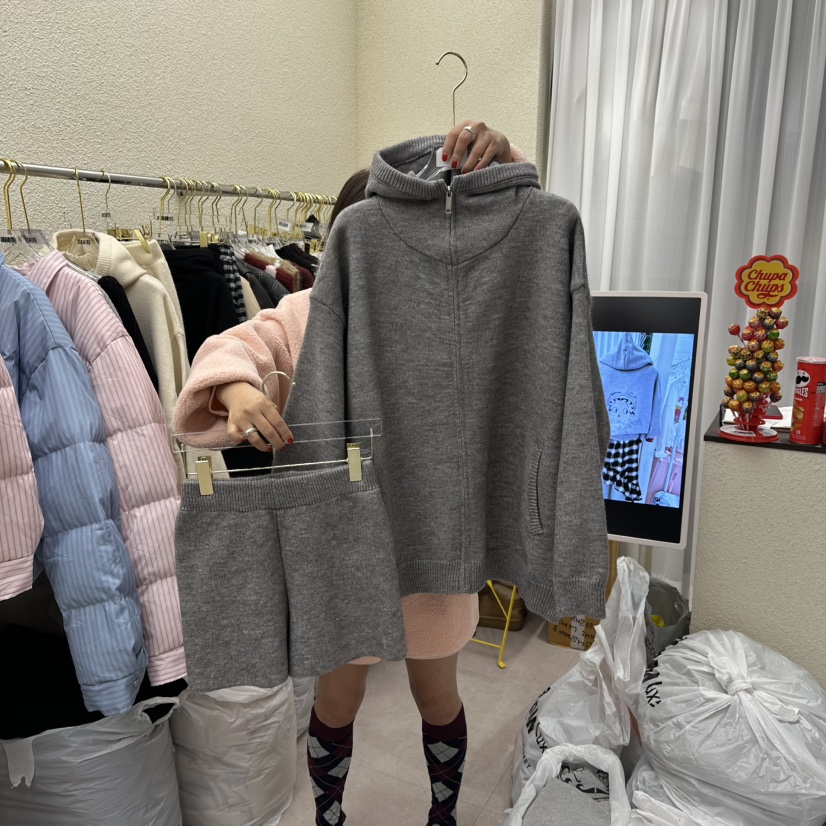 DRAWING東大門㊣實拍女裝新品人氣時尚套裝兩件套拉鏈套裝連帽DRAWING套裝圖色2