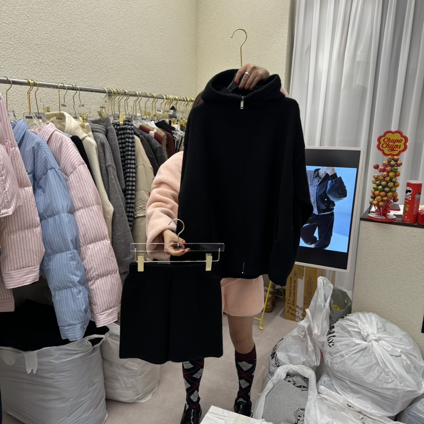 DRAWING東大門㊣實拍女裝新品人氣時尚套裝兩件套拉鏈套裝連帽DRAWING套裝圖色3