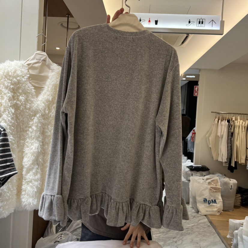 BY FLOW東大門㊣直郵女士新品職業推薦長袖T恤天鵝絨荷葉邊BY FLOW長袖T恤