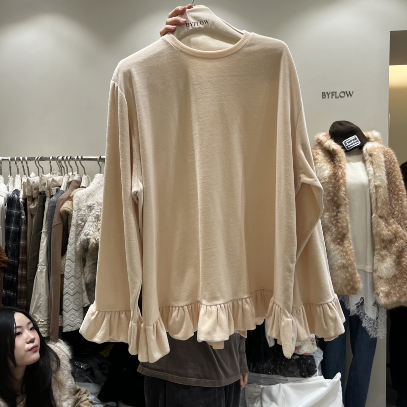 BY FLOW東大門㊣直郵女士新品職業推薦長袖T恤天鵝絨荷葉邊BY FLOW長袖T恤圖色2