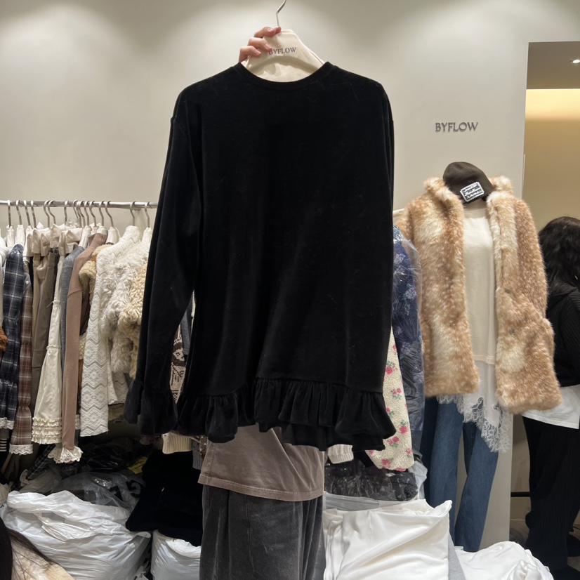 BY FLOW東大門㊣直郵女士新品職業推薦長袖T恤天鵝絨荷葉邊BY FLOW長袖T恤圖色3