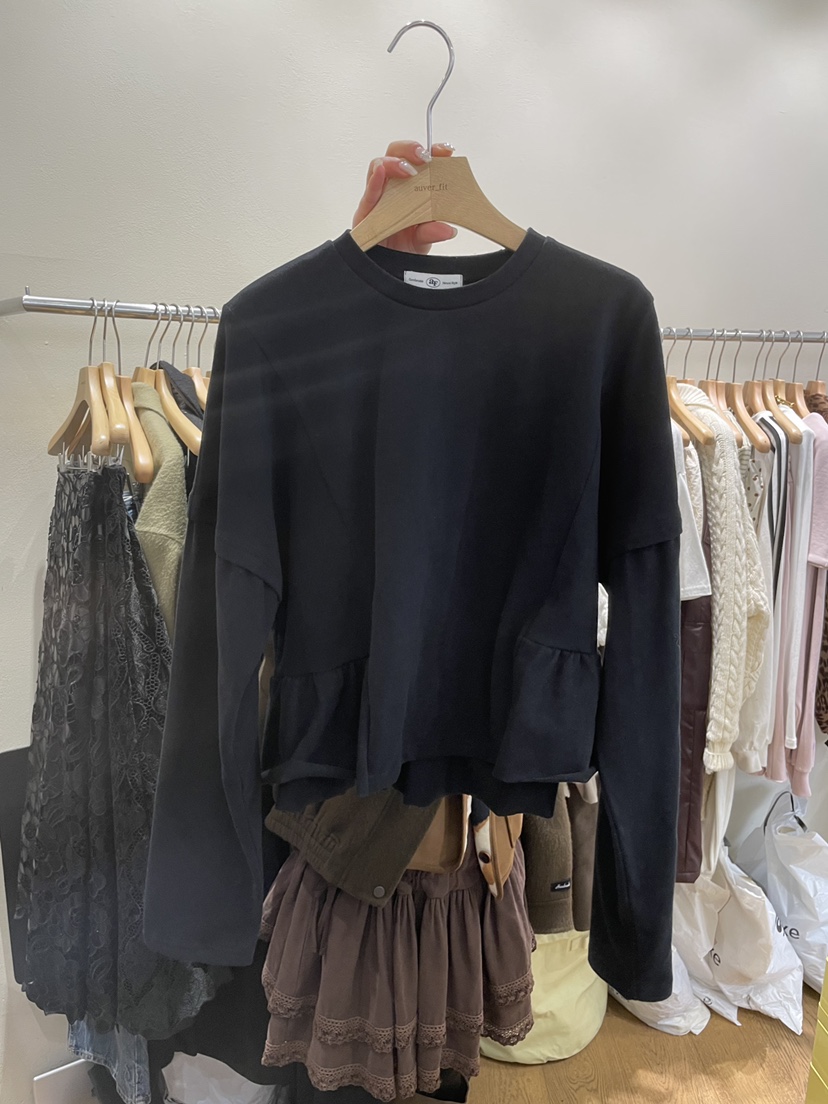 AUVERFIT東大門㊣實拍女裝新款熱賣真品25秋冬長袖T恤假兩件AUVERFIT長袖T恤圖色3黑色