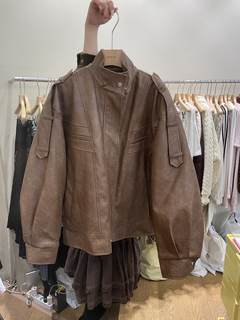 AUVERFIT東大門㊣直郵女裝新款休閑熱賣25秋冬夾克皮革羅紋AUVERFIT夾克圖色1