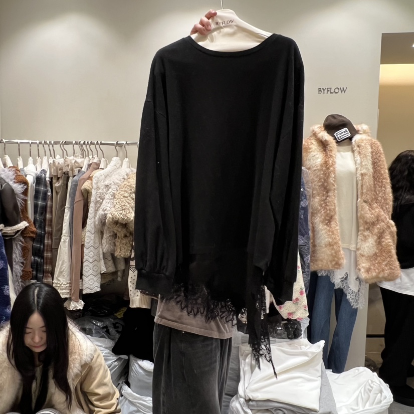 BY FLOW韓國直郵㊣女裝新品熱賣時尚人氣職業長袖T恤蕾絲緞面BY FLOW長袖T恤圖色2