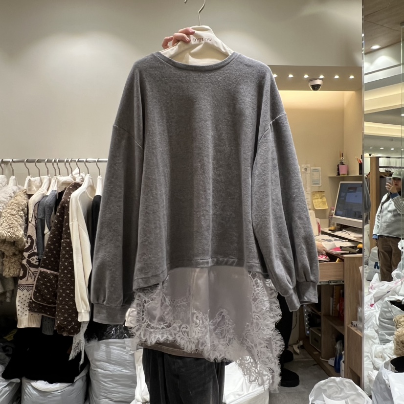 BY FLOW韓國直郵㊣女裝新品熱賣時尚人氣職業長袖T恤蕾絲緞面BY FLOW長袖T恤圖色3