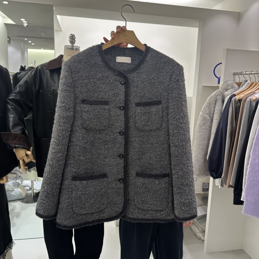 AHOY韓國代購㊣女裝新款職業真品25秋冬熱賣短款大衣粗花呢AHOY短款大衣圖色1