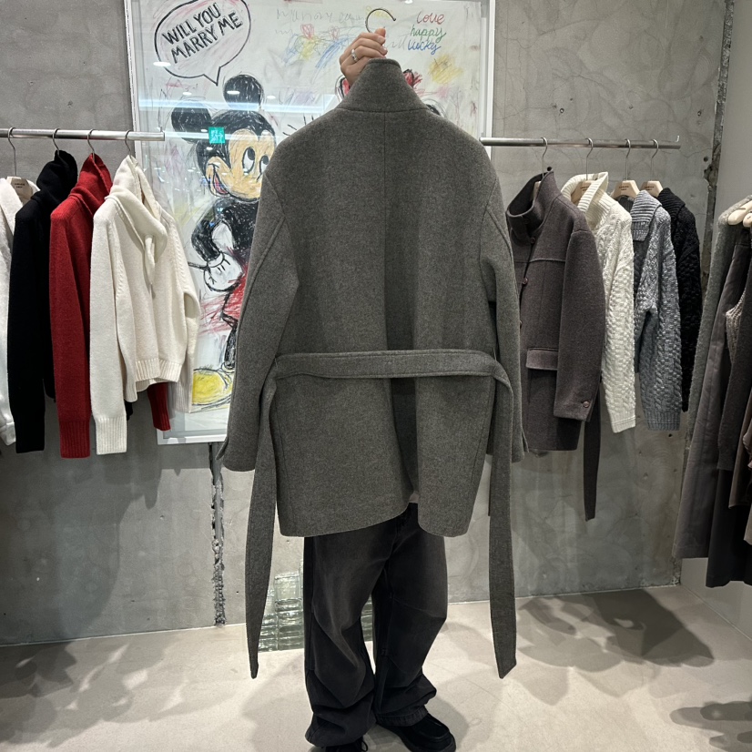 LAMAGIEPIE東大門㊣直郵女士新品職業中長款大衣美利奴羊毛含腰帶LAMAGIE GREY中長款大衣