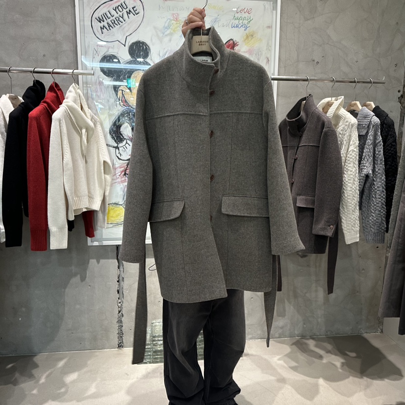 LAMAGIEPIE東大門㊣直郵女士新品職業中長款大衣美利奴羊毛含腰帶LAMAGIE GREY中長款大衣圖色1