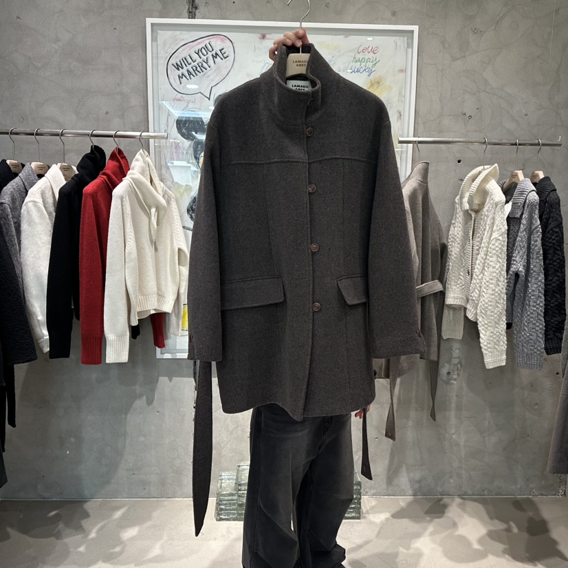 LAMAGIEPIE東大門㊣直郵女士新品職業中長款大衣美利奴羊毛含腰帶LAMAGIE GREY中長款大衣圖色2