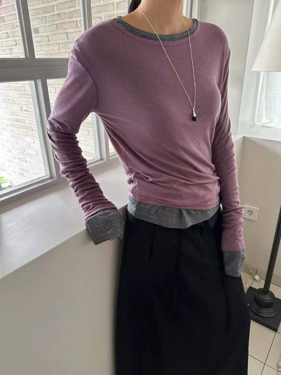 US韓國直郵㊣女裝新款時尚休閑推薦人氣真品長袖T恤天絲羊毛JANEMORIS長袖T恤圖色2