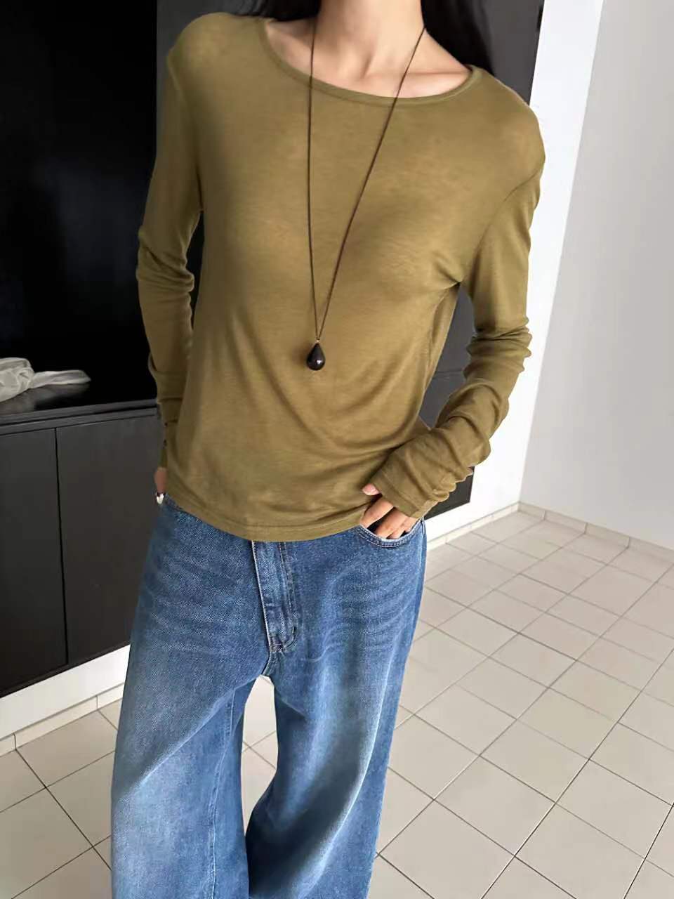 US韓國直郵㊣女裝新款時尚休閑推薦人氣真品長袖T恤天絲羊毛JANEMORIS長袖T恤圖色3