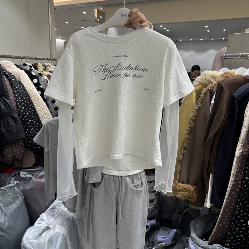 BENE韓國代購㊣女士新款熱賣25秋冬真品時尚休閑長袖T恤假兩件BENE長袖T恤圖色1