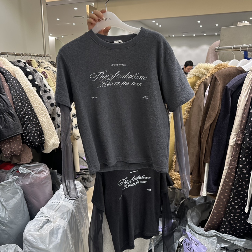 BENE韓國代購㊣女士新款熱賣25秋冬真品時尚休閑長袖T恤假兩件BENE長袖T恤圖色3墨色