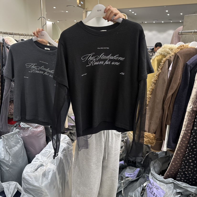 BENE韓國代購㊣女士新款熱賣25秋冬真品時尚休閑長袖T恤假兩件BENE長袖T恤圖色4黑色