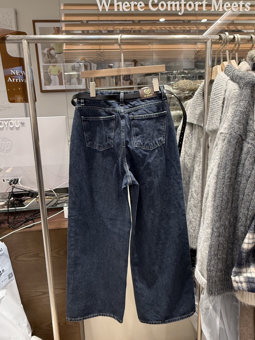 DE GO YOU東大門㊣實拍女士新品休閑牛仔褲不含腰帶闊腿褲羊毛拉絨DE GO YOU牛仔褲