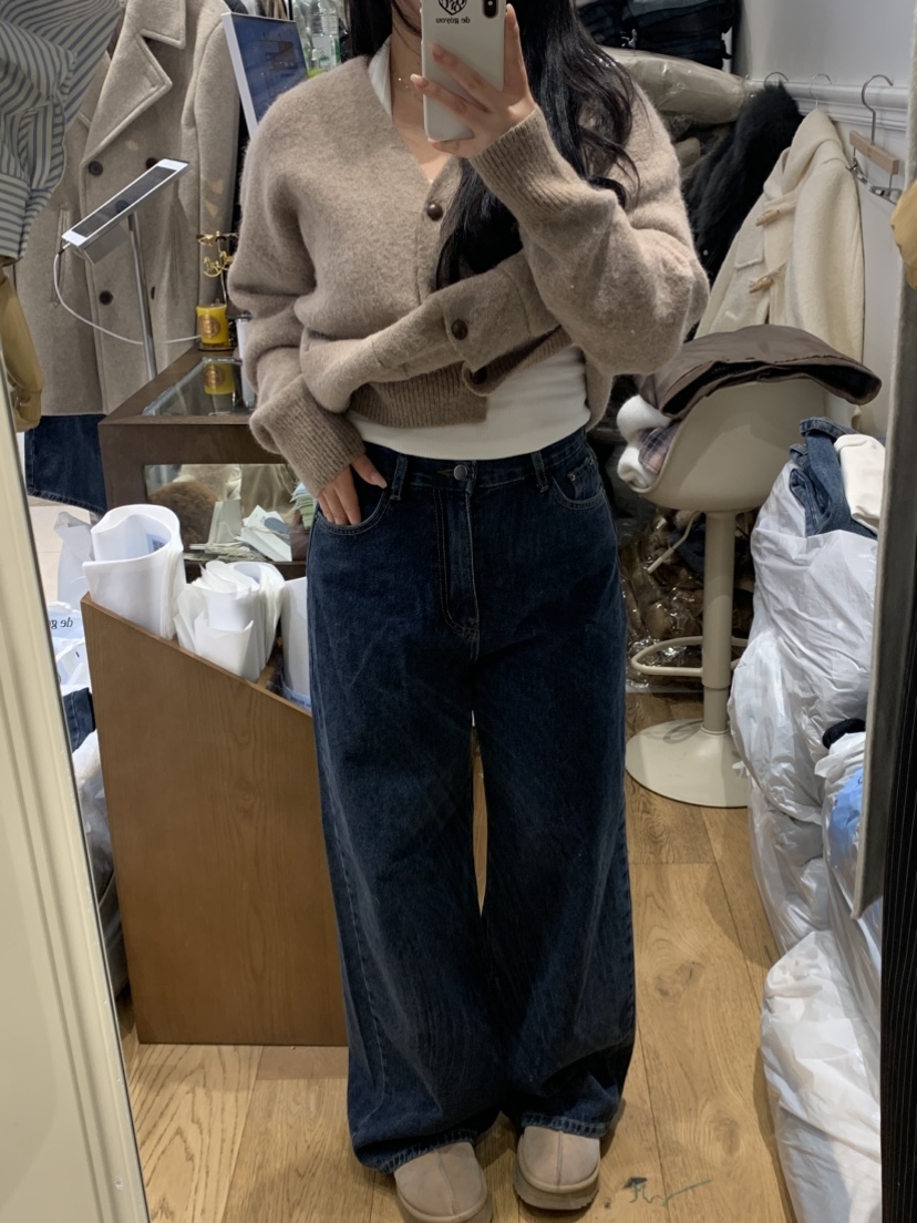 DE GO YOU東大門㊣實拍女士新品休閑牛仔褲不含腰帶闊腿褲羊毛拉絨DE GO YOU牛仔褲