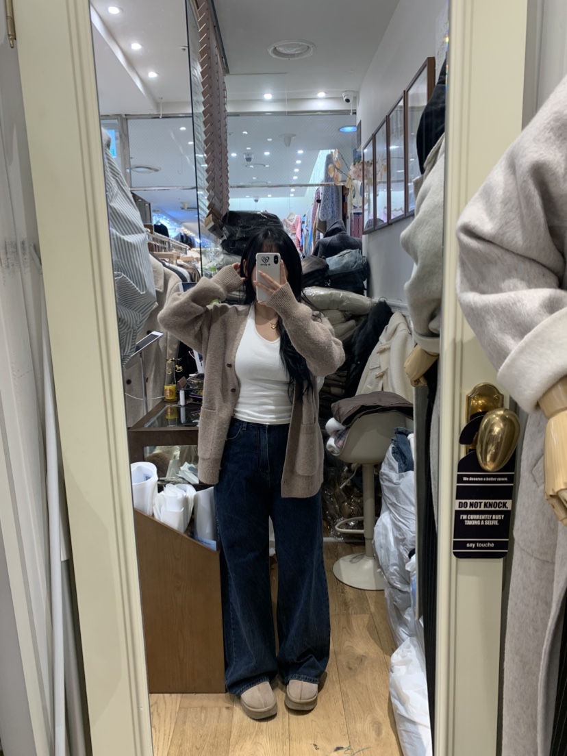 DE GO YOU東大門㊣實拍女士新品休閑牛仔褲不含腰帶闊腿褲羊毛拉絨DE GO YOU牛仔褲