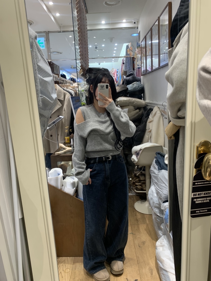 DE GO YOU東大門㊣實拍女士新品休閑牛仔褲不含腰帶闊腿褲羊毛拉絨DE GO YOU牛仔褲