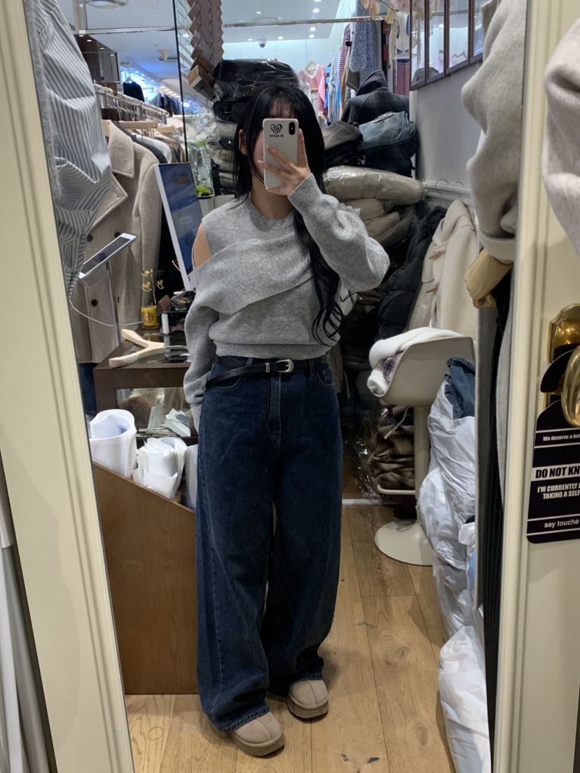 DE GO YOU東大門㊣實拍女士新品休閑牛仔褲不含腰帶闊腿褲羊毛拉絨DE GO YOU牛仔褲