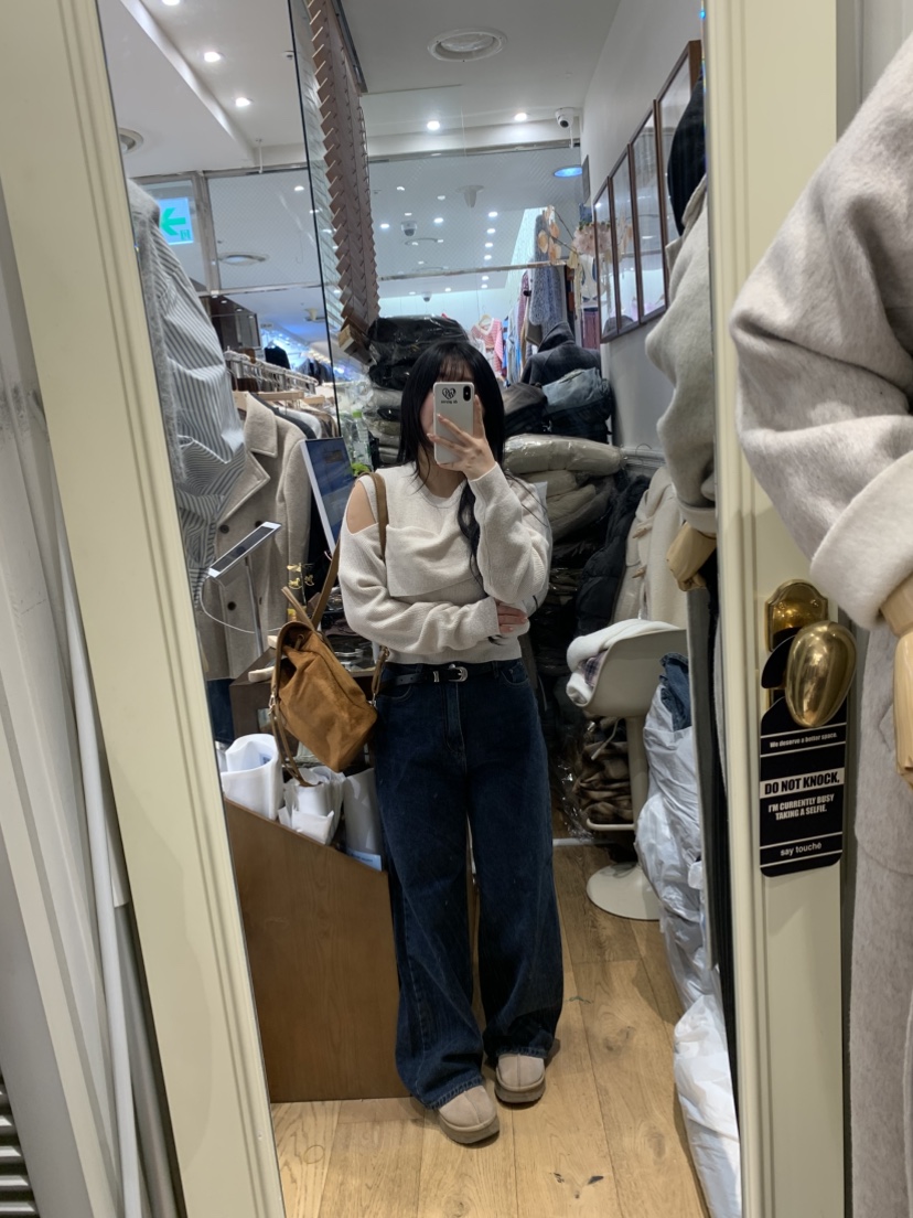 DE GO YOU東大門㊣實拍女士新品休閑牛仔褲不含腰帶闊腿褲羊毛拉絨DE GO YOU牛仔褲