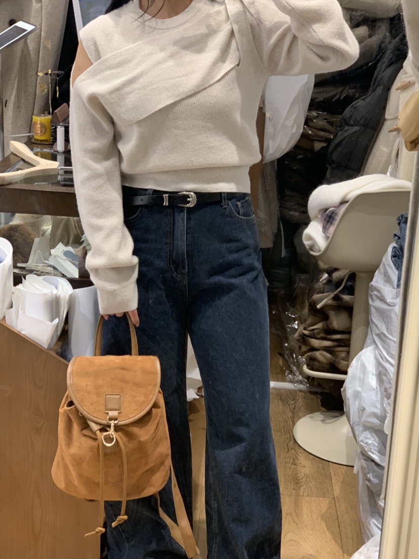 DE GO YOU東大門㊣實拍女士新品休閑牛仔褲不含腰帶闊腿褲羊毛拉絨DE GO YOU牛仔褲