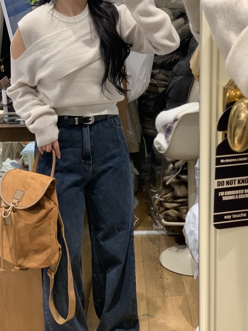 DE GO YOU東大門㊣實拍女士新品休閑牛仔褲不含腰帶闊腿褲羊毛拉絨DE GO YOU牛仔褲