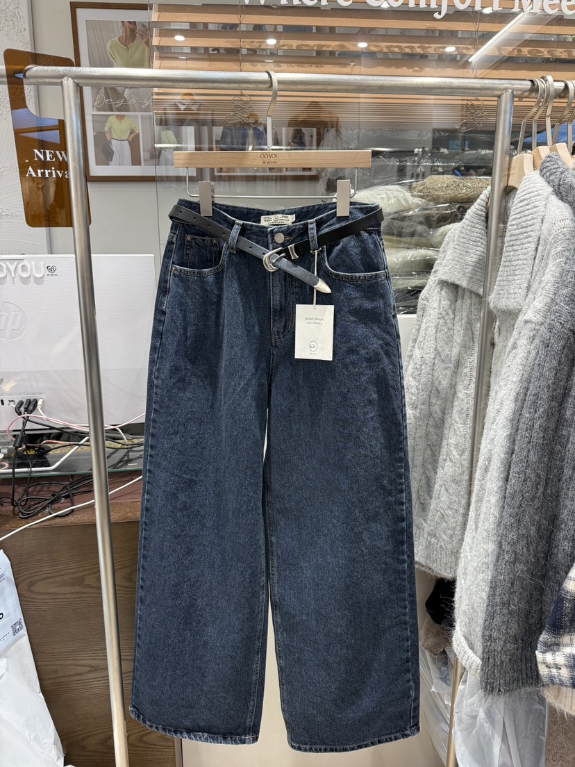 DE GO YOU東大門㊣實拍女士新品休閑牛仔褲不含腰帶闊腿褲羊毛拉絨DE GO YOU牛仔褲圖色1