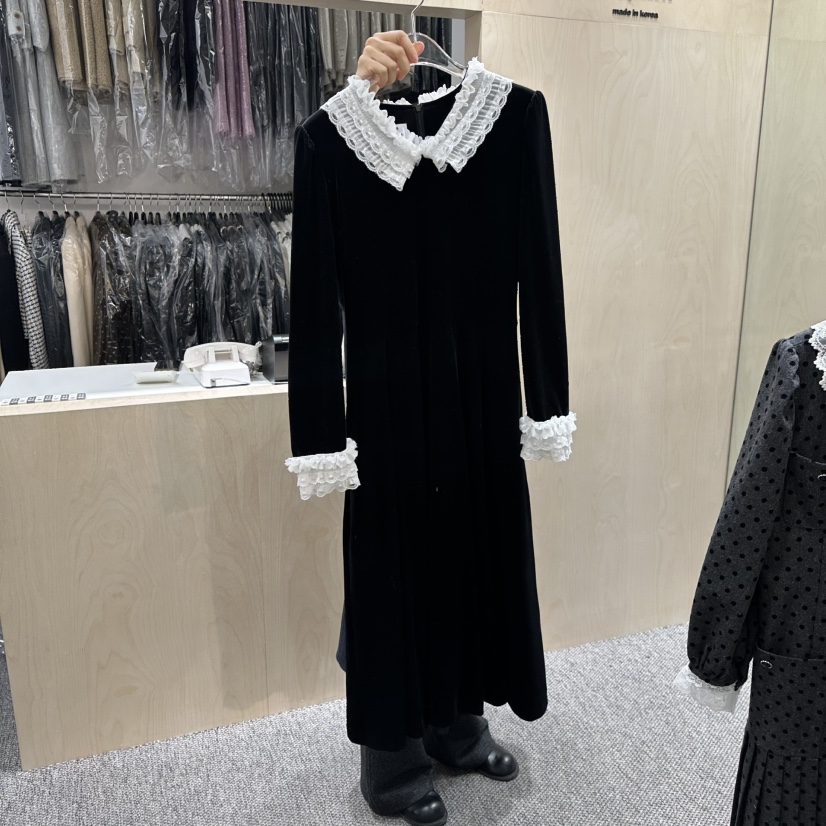 ANNA VERRY-P韓國直郵㊣女士新品25秋冬休閑連衣裙蕾絲褶皺ANNA VERRY-P連衣裙圖色1