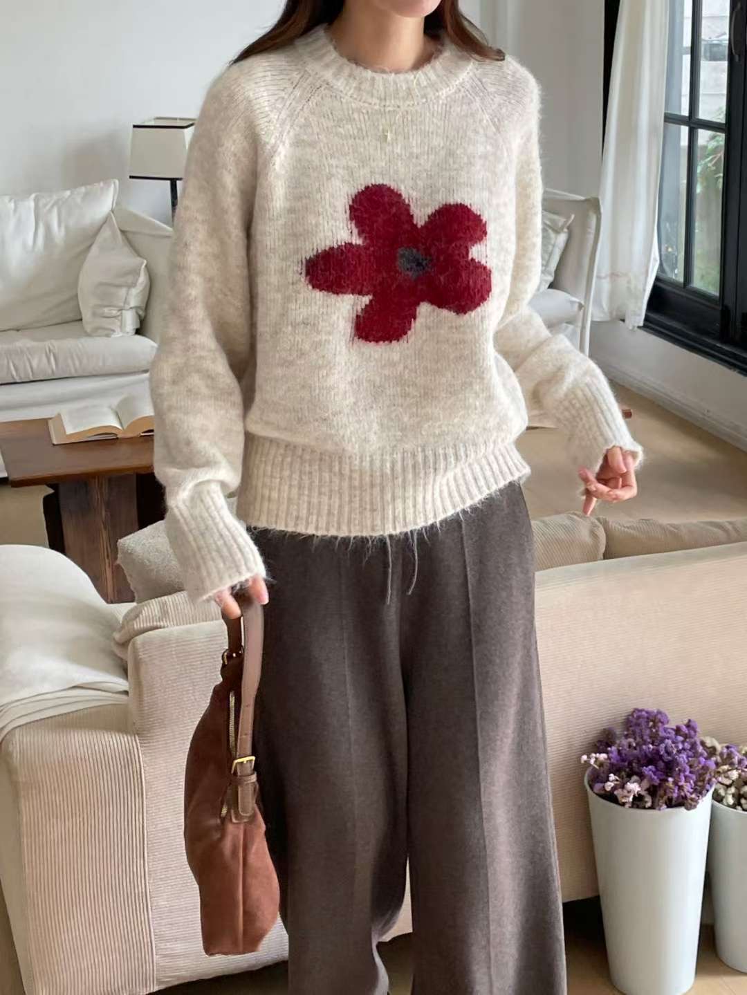 EROOM韓國代購㊣女士新款25秋冬時尚休閑真品人氣職業毛衣花朵EROOM毛衣圖色2