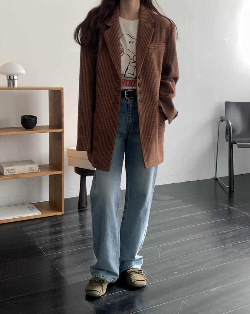 PEBBLE東大門㊣直郵女士新款25秋冬推薦職業時尚夾克羊毛格紋PEBBLE/LAYER夾克