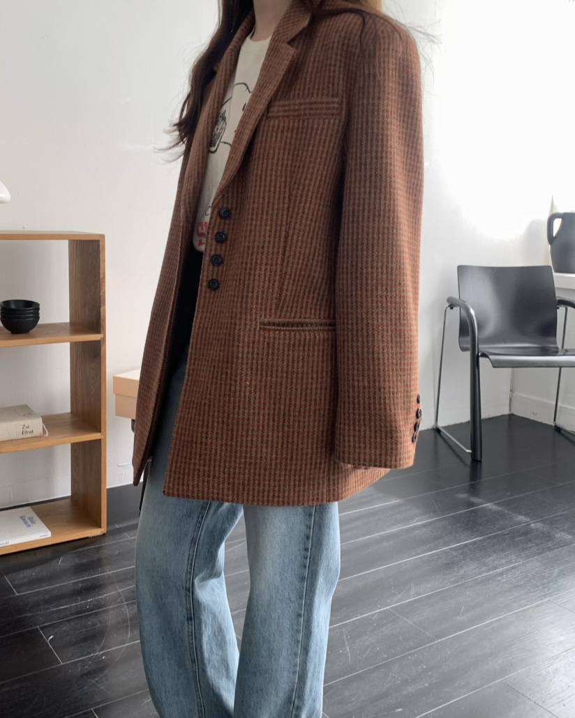 PEBBLE東大門㊣直郵女士新款25秋冬推薦職業時尚夾克羊毛格紋PEBBLE/LAYER夾克