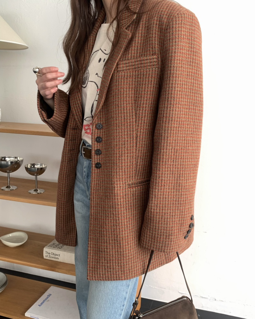 PEBBLE東大門㊣直郵女士新款25秋冬推薦職業時尚夾克羊毛格紋PEBBLE/LAYER夾克