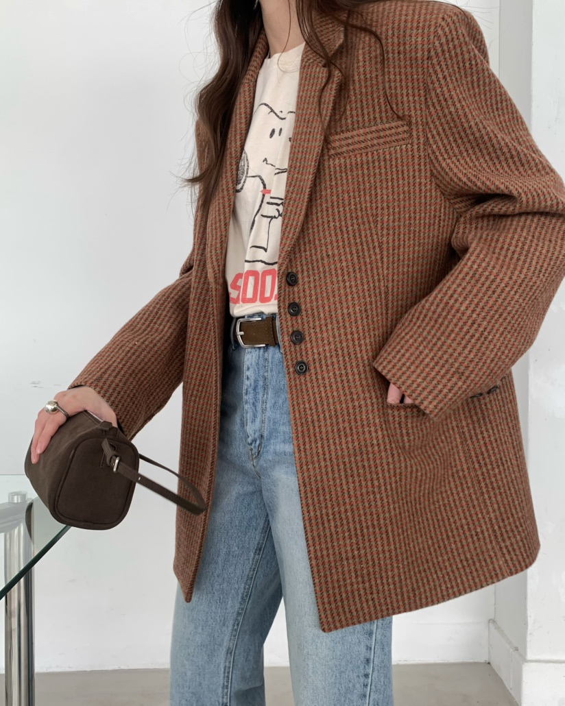 PEBBLE東大門㊣直郵女士新款25秋冬推薦職業時尚夾克羊毛格紋PEBBLE/LAYER夾克