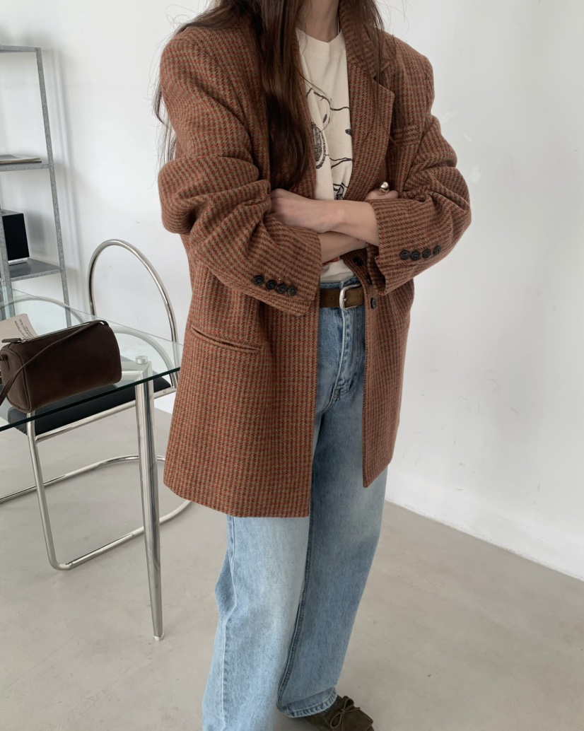 PEBBLE東大門㊣直郵女士新款25秋冬推薦職業時尚夾克羊毛格紋PEBBLE/LAYER夾克